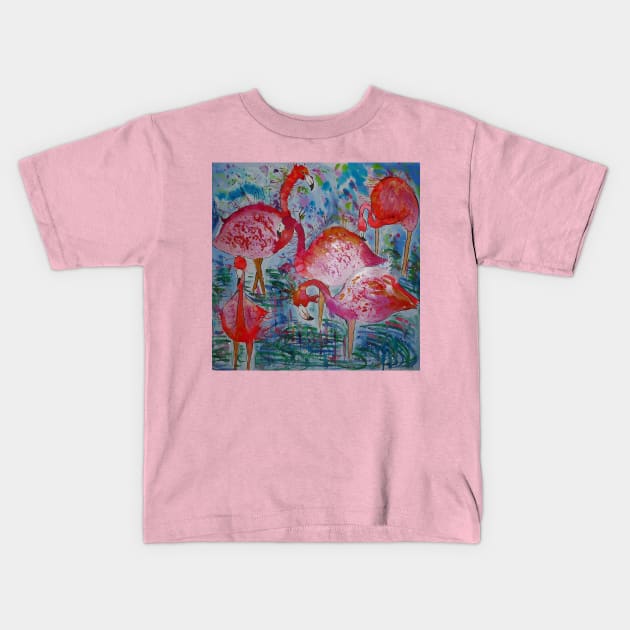 Colourful Flamingos wading in water Kids T-Shirt by Casimirasquirkyart